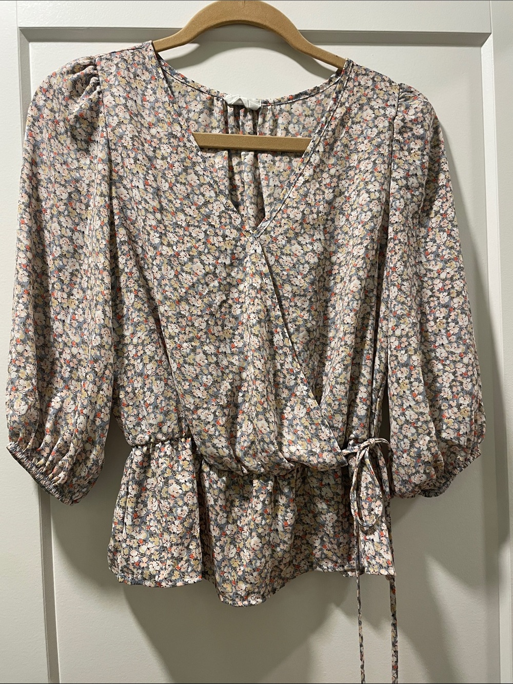 Sienna Sky Floral Tie-Waist Wrap Blouse in Cream, Pink, Blue